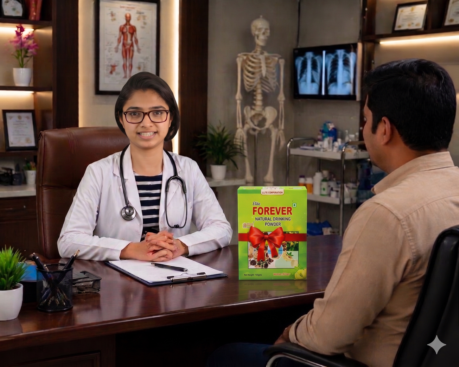 Tasnim with patient with product